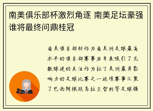 南美俱乐部杯激烈角逐 南美足坛豪强谁将最终问鼎桂冠