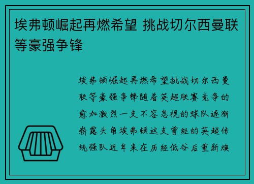 埃弗顿崛起再燃希望 挑战切尔西曼联等豪强争锋